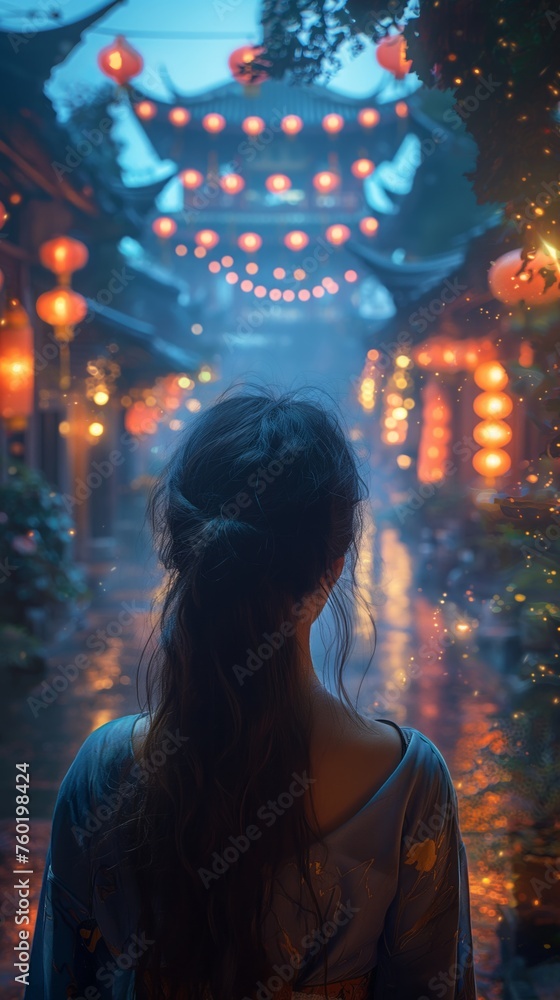 A woman in the rain gazes at lanterns hanging above her in a traditional chinese street.