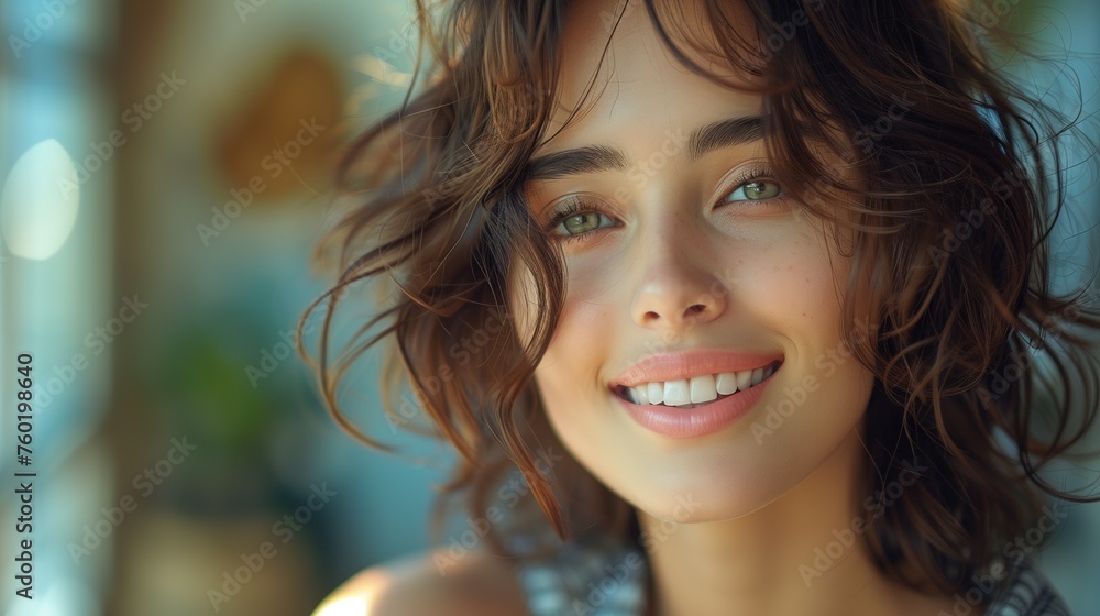 Fototapeta premium A close up of a female model with dark brown hair, smiling happily.