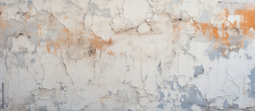 A detailed shot of a weathered white wood wall with flaking paint, creating an intriguing art pattern. The paint peels further as freezing temperatures affect it