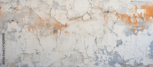 A detailed shot of a weathered white wood wall with flaking paint, creating an intriguing art pattern. The paint peels further as freezing temperatures affect it photo