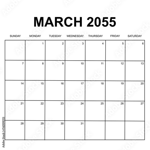 Wallpaper Mural march 2055. monthly calendar design. week starts on sunday. printable, simple, and clean vector design isolated on white background. Torontodigital.ca