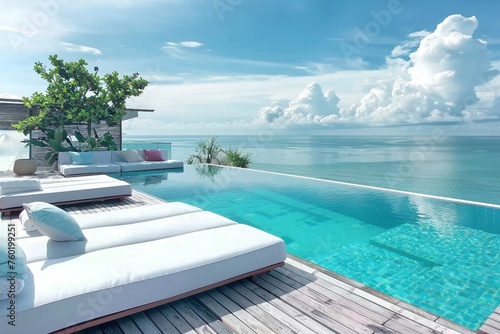 The edge Luxury swimming pool with white fashion deckchairs on the beach., Exterior design. generative ai