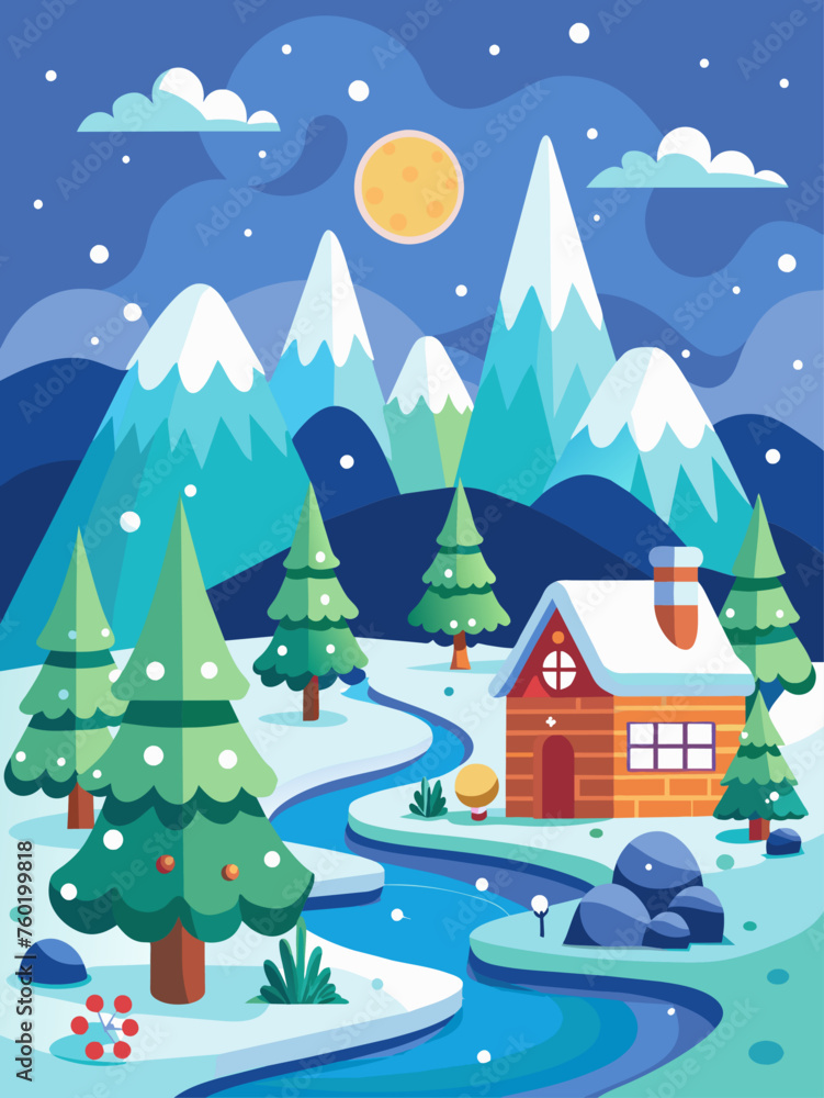 A snowy winter landscape with a cute snowman and a log cabin nestled amidst snow-laden trees.