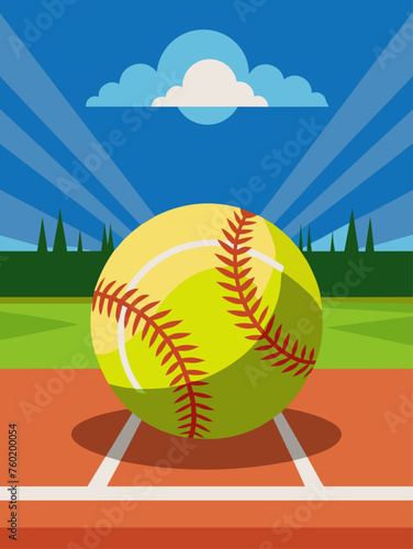 A vibrant softball rests against a blurred background of a sports field.