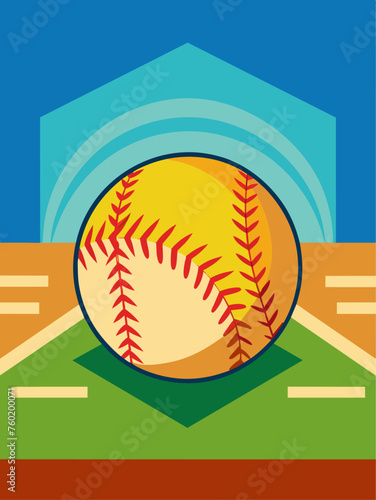 A softball ball rests on a dirt infield with a blurred stadium in the background.