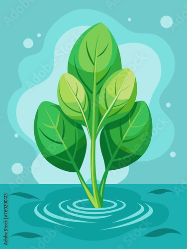 Vibrant green spinach leaves float in a pool of clear water, creating a serene and refreshing background.