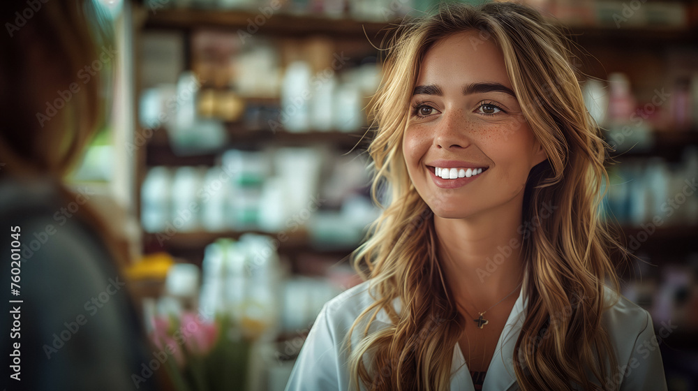 A female pharmacist standing at a store counter, showcasing a box of medication to a customer. A female pharmacist standing at a store counter, showcasing a box of medication to a customer.
