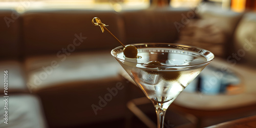 Taça de Martini com líquido transparente e azeitona em palito photo