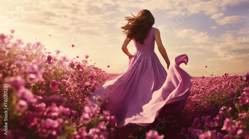 Linda mulher com um vestido em um campo de flores rosas- Papel de parede photo