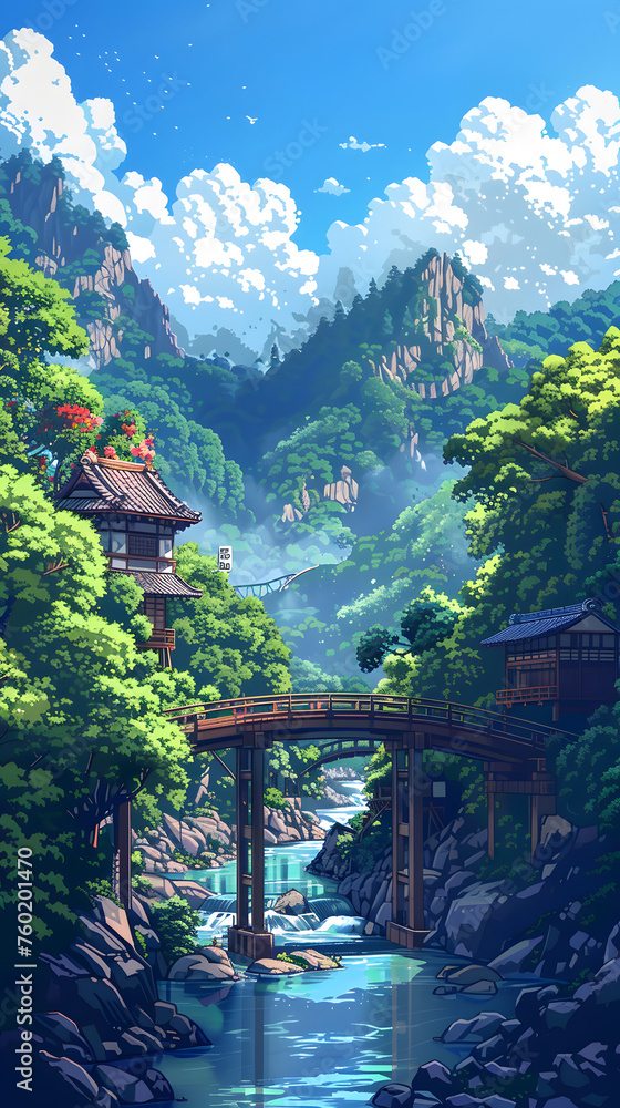 Pixel art rendering of a serene Japanese landscape, featuring traditional architecture with a bridge over a calm river, surrounded by lush greenery and rocky terrain.