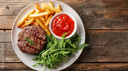 Top view of traditional steak and french fries on wooden table with space for text