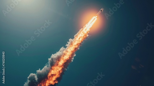A captivating image showcasing the thrilling moment of a space exploration rocket launching from Earth, with a fiery trail behind it against the backdrop of a clear blue sky.