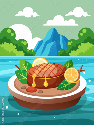 A juicy steak lies on a wooden cutting board beside a glass of water against a dark background.
