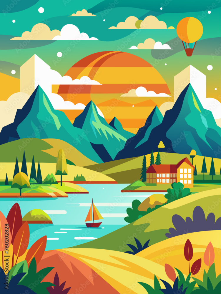A beautiful summer vector landscape background with green meadows, blue skies, and puffy white clouds A beautiful summer vector landscape background with green meadows, blue skies, and puffy white clouds