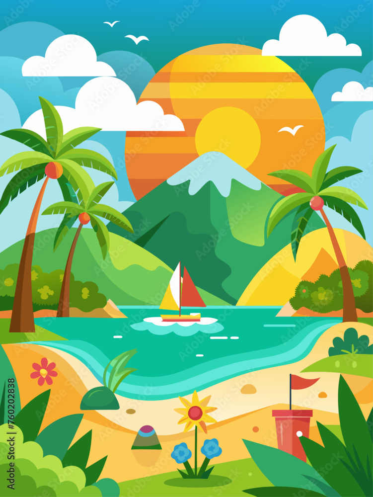 Obraz premium Summer vector landscape background depicting a sunny beach with palm trees, clear blue skies, and sparkling ocean waves.