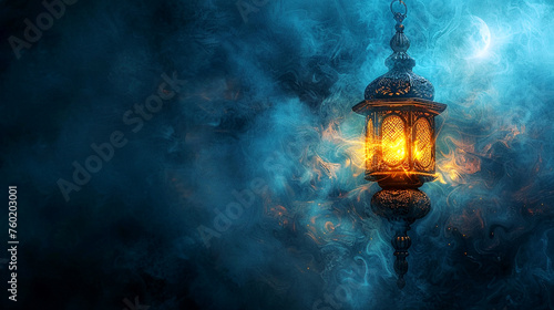 Vintage islamic lantern burning in the night sky photo