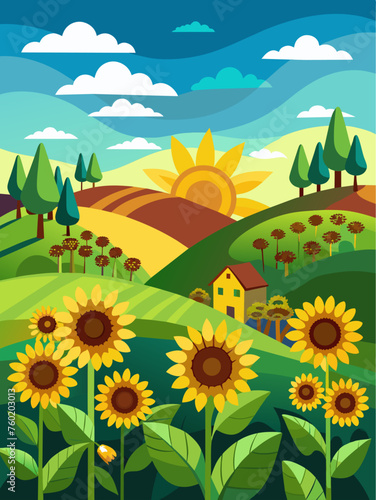 Sunflowers bloom abundantly under a clear blue sky in this vibrant vector landscape.