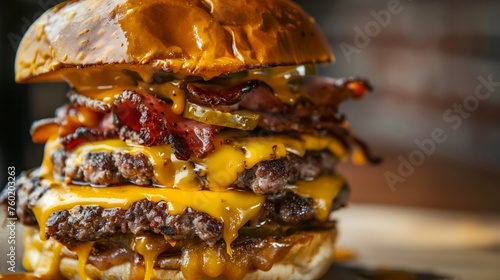 Layers of Angus cheeseburgers piled on top of each other creating a messy stack, showcasing the delicious ingredients.