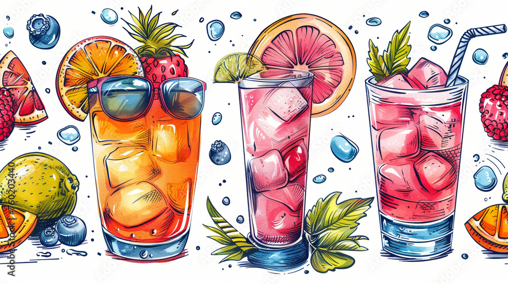 Obraz premium seamless pattern summer items, cocktails, sea, sunglasses, waves, collage, single line drawing style, colorful