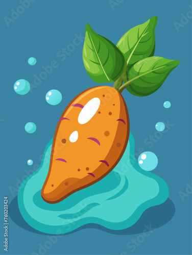 Sweet potato submerged in clear water against a plain backdrop.