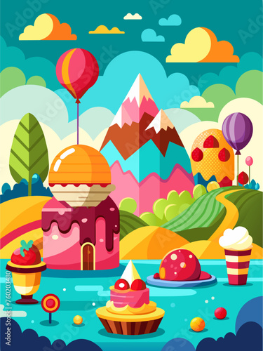 A picturesque landscape featuring a serene lake, lush greenery, and a vibrant sunset sky.