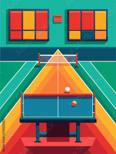 A table tennis table with paddles and a net, ready for a game.