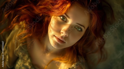 Detailed view of an adult woman with striking red hair.