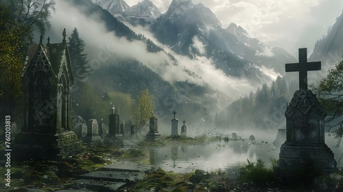 Timeless Valor in Weathered Gravestones - A Misty Morning Mountainous Cemetery