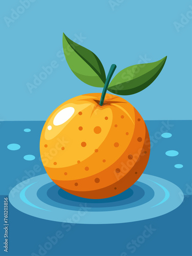 A juicy tangerine rests on a clear glass of water, casting a vibrant orange hue and creating a refreshing summery image.