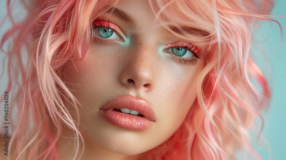 A woman with pink hair and blue eyes in a close-up fashion shot featuring beachy waves. A woman with pink hair and blue eyes in a close-up fashion shot featuring beachy waves.