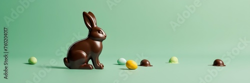 Green easter background with a chocolate easter bunny with copy space