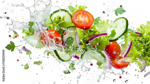 A splash of fresh vegetable salad. Vegetarianism on white background. Generative Ai