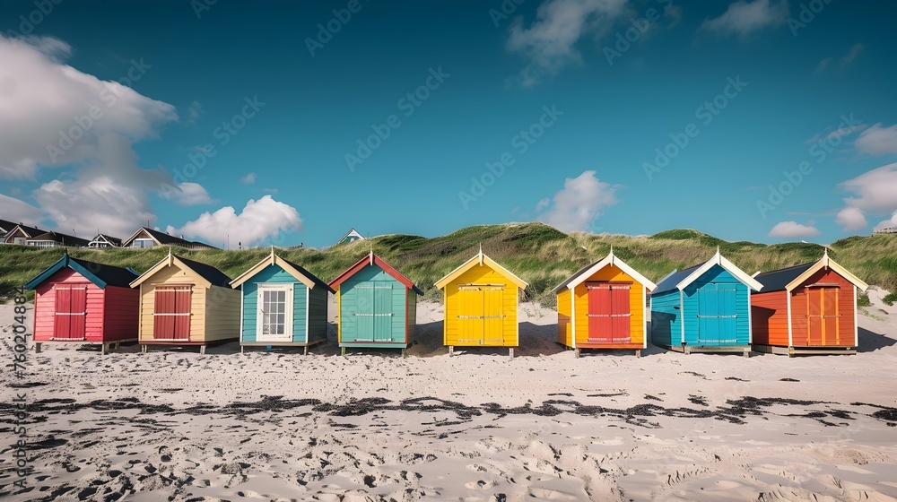 Summer Serenity A Row of Colorful Beach Huts Contrasting the Clear Blue Sky and Playful Sea
