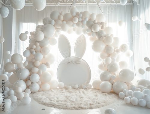 White elegant Easter scene with balloons and a large Easter bunny for family photos and special Easter moments. Ideal for family photos or fashion magazine editorials.