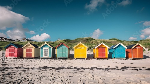 Summer Serenity A Row of Colorful Beach Huts Contrasting the Clear Blue Sky and Playful Sea © vanilnilnilla