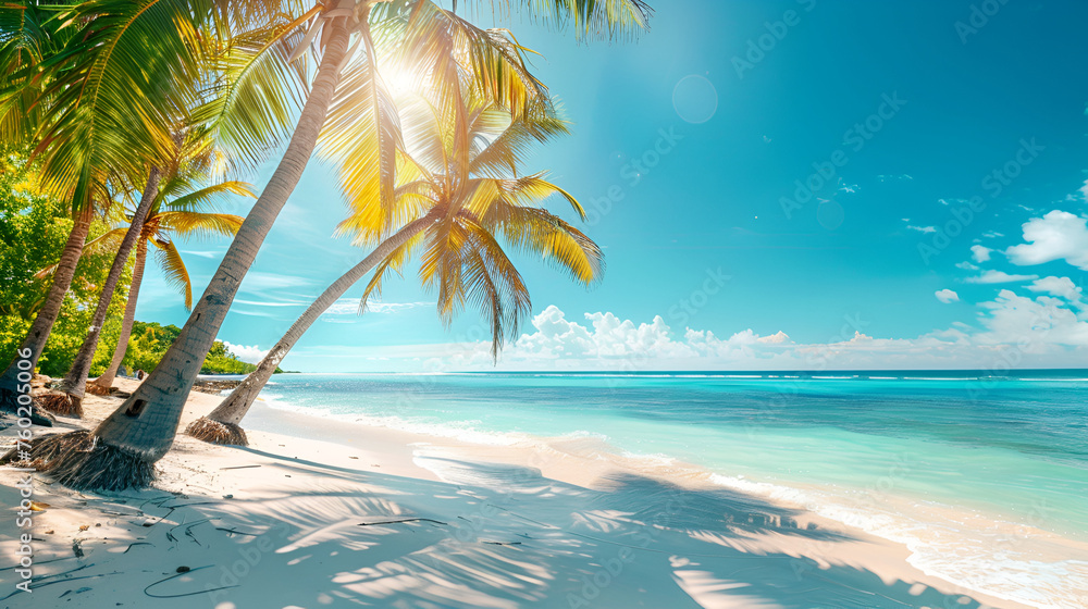 Sunny tropical Caribbean beach with palm trees and turquoise water, caribbean island vacation, hot summer day , copyspace , stockphoto - obrazy, fototapety, plakaty 