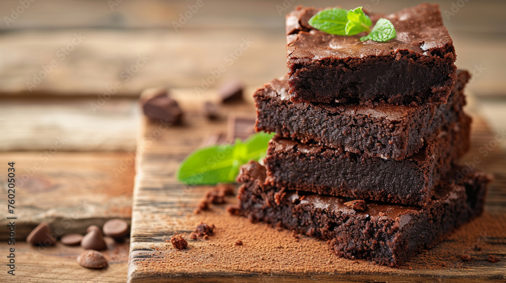 A stack of chocolate brownies on wooden with mint leaf, homemade bakery and dessert. Generative Ai - obrazy, fototapety, plakaty 