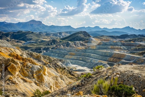 Expansive Open Pit Mine Landscape Under Blue Sky with Stratified Rock Formations and Rugged Terrain photo