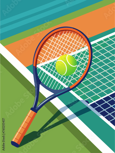 A tennis ball sits on a tennis racquet, ready to be hit.