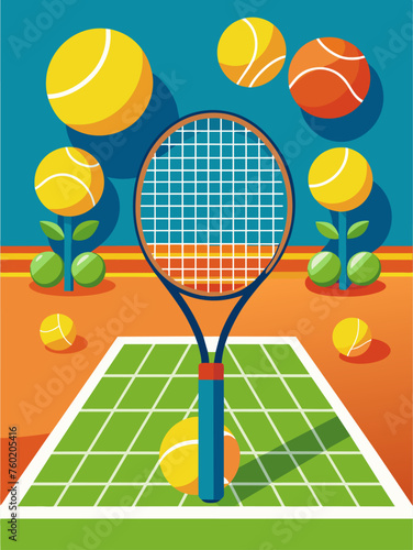 A tennis racket rests on a vibrant blue background, ready for action.