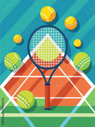 Motion-blurred tennis ball flies over net against a vibrant green background.