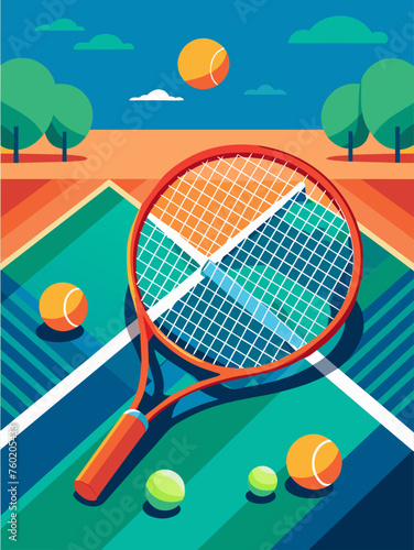 Tennis racket and ball on the artificial grass court in sunny day