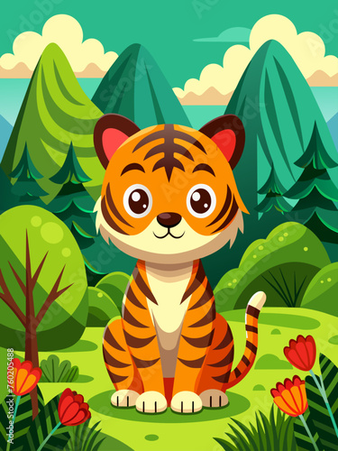 A cute tiger cub frolics in a lush green landscape.