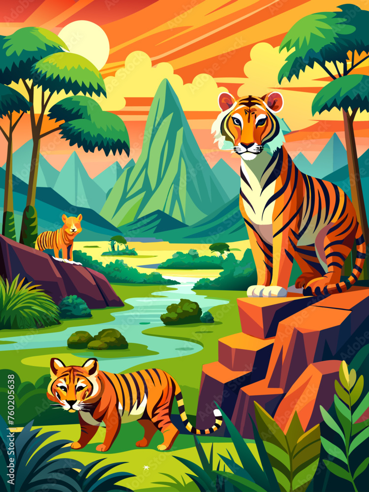 A majestic tiger prowls through a tranquil natural landscape, its vibrant colors and intricate patterns creating a captivating scene. A majestic tiger prowls through a tranquil natural landscape, its vibrant colors and intricate patterns creating a captivating scene.