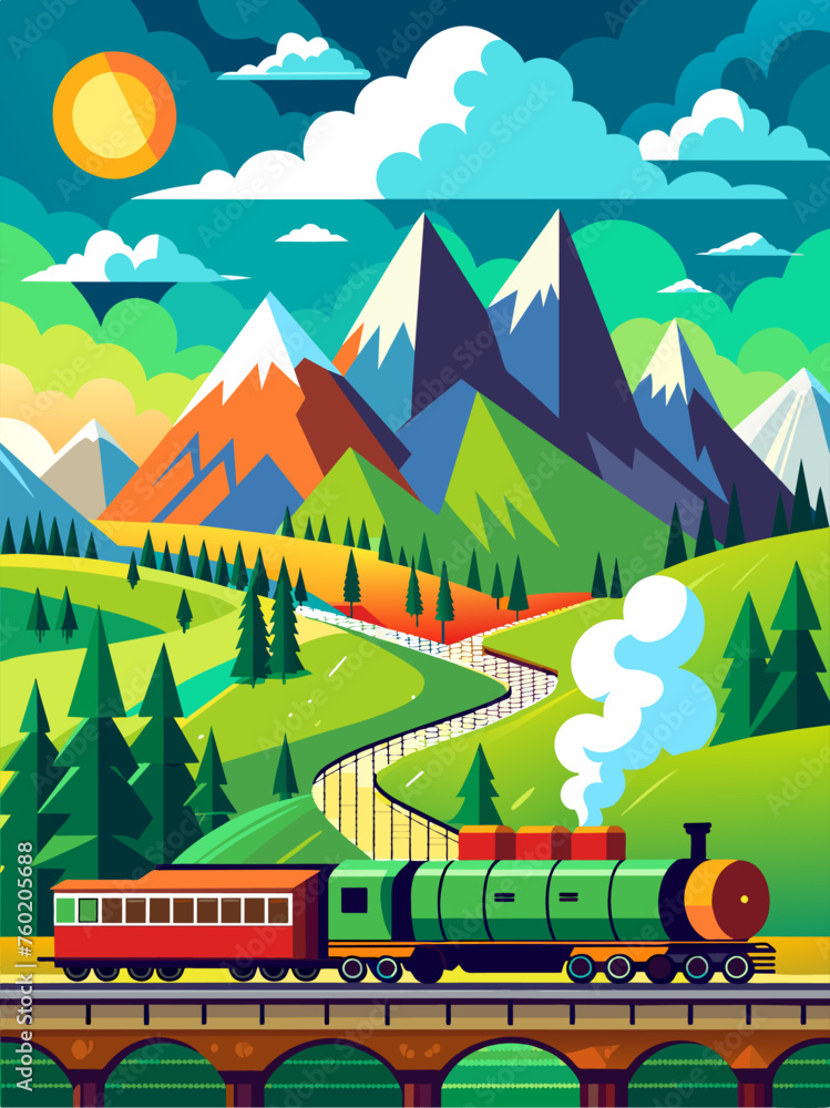 A lone train traverses a tranquil landscape, its tracks disappearing into the horizon amidst rolling hills and a vibrant sky.