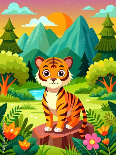 A majestic tiger cub wanders through a verdant landscape, its vibrant fur contrasting beautifully with the lush surroundings.