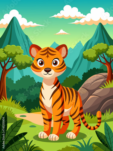 A majestic tiger cub prowls in a lush jungle, its piercing gaze captivating the viewer with a sense of awe and wonder.
