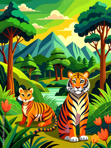 A majestic tiger prowls through a lush green landscape, its vibrant colors and textures creating a breathtaking natural tableau.
