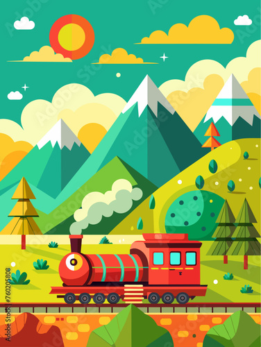 A train journeys through a scenic landscape adorned with mountains, forests, and a meandering river.