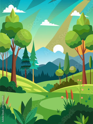 Trees vector landscape background depicts a serene forest scene with towering trees, lush vegetation, and a clear blue sky.
